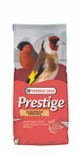 Bird food bag, red and grey, with finches, "Prestige" logo, "European Finches" text.