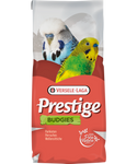 Red bag of Versele-Laga Prestige budgie food, with two budgies pictured.