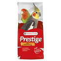 Bag of Versele-Laga Prestige Big Parakeets bird food, red and white packaging, parrots.