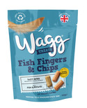 Blue Wagg Fish Fingers & Chips dog treat bag, with treats, dog tail, and UK flag.