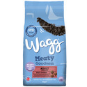 Blue dog food bag, Wagg Meaty Goodness, with a dog's fur, and beef dinner.