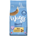Blue Wagg dog food bag with a wagging tail illustration, "Meaty Goodness" and "Chicken Dinner" text.