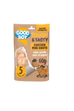 Good Boy Tough & Tasty Chicken Mini Knots dog treat packet, brown, with a cartoon dog.