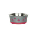 Grey and pink pet bowl with paw prints; stainless steel interior, rubber base.