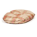 Round dog bed with plaid pattern in beige, red, and brown. Quilted design, side view.