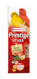 Canary food packaging: yellow and red birds, "Prestige Sticks" text, eggs, thyme, honey.