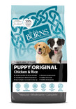 Dog food bag, Burns Puppy Original, chicken and rice, two puppies, blue and white packaging.