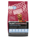 Dog food bag, Burns Alert Assistance, lamb and brown rice, red and brown, dog image.