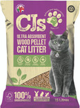 Bag of CJs Ultra Absorb Cat Litter Pellets. Purple and beige packaging, grey cat, wood pellets.