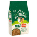Green and white James Wellbeloved cat food bag with chicken flavour, featuring two cats and kibble.