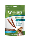 Green Whimzees veggie sausage dog treats packet, small size, with a dog.