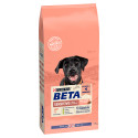 Pink dog food bag, Beta Adult Sensitive Salmon & Rice, black dog, salmon ingredient.