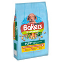 Blue bag of Bakers Puppy food, featuring a puppy illustration and chicken & vegetable details.