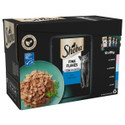 Sheba Fine Flakes Fish Collection in Jelly box, featuring a grey cat and food in jelly, 12 x 85g.
