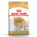 Royal Canin West Highland Terrier Adult 3kg dog food bag, gold and white, with a Westie illustration.