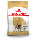Royal Canin French Bulldog adult dog food bag, gold and white, with a French Bulldog illustration.