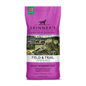Pink dog food bag, Skinners Field & Trial, lamb & rice, illustration of dog, countryside scene.
