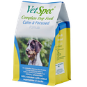 Dog food bag, VetSpec Calm & Focused, blue, yellow, white, dog image, cereal-grain-free.