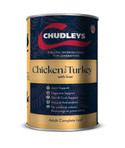 Chudleys dog food tin. Gold and navy blue with text and logo. Chicken and turkey with liver.