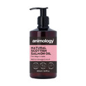 Animology Natural Scottish Salmon Oil bottle. Brown bottle with black pump, pink label.