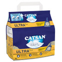 Catsan Ultra Plus clumping cat litter bag. Blue and yellow packaging with a white handle.