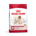 Royal Canin Medium Adult dog food bag. Red and white packaging, dog illustration, kibble detail.