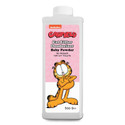 Garfield baby powder cat litter deodorizer, white bottle, pink label, Garfield illustration.