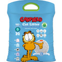 Blue bag of Garfield cat litter, featuring Garfield cartoon, green handle, and white granules.