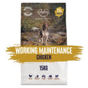 Dog food bag, brown and white, with a dog in a stream. "Working Maintenance Chicken" label, 15kg.
