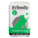 White bag of Friendly Natural Cat Litter, green cat silhouette, fresh mint aroma, 20kg.