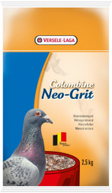 Bag of Versele Laga VL Neo-Grit, pigeon food, orange and blue, with a pigeon and a red bowl.