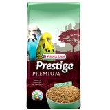 Bag of Versele-Laga Prestige Premium bird food, featuring budgies, seeds, and a green and maroon design.