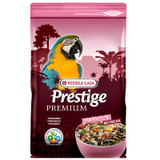 Pink and burgundy parrot food bag, a parrot illustration, "Prestige Premium" text, "Nut-Free Mix" label.