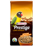 Bird food bag, brown and yellow, with a parrot illustration and seed mix.