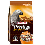 Bag of Versele-Laga Prestige Loro Parque parrot food, featuring a grey parrot illustration and a seed mix.