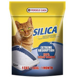 Yellow bag of Versele Laga VL Silica cat litter. Orange cat, white silica grains, blue circle with text.