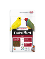 Versele-Laga NutriBird C15 bird food bag, white, with yellow and green birds, pellets visible.