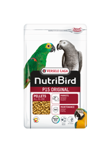White bag of Versele-Laga NutriBird P15 Original parrot food with parrot illustrations.
