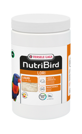 White cylindrical tub of Versele-Laga NutriBird Lori bird food, with a colourful parrot illustration.