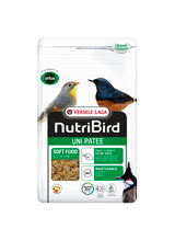 Versele-Laga NutriBird Uni Patee bird food packaging. White bag with bird illustrations and green accents.