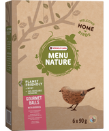 Versele Laga Menu Nature Gourmet Ball Berry packaging. Brown cardboard box with bird illustration and green accents.