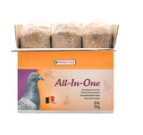Cardboard box of bird feed, orange and white, with three bags of feed inside. Pigeon illustration.