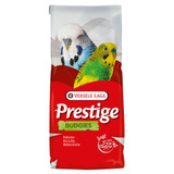 Red and white Versele-Laga Prestige Budgies bird food bag, featuring two budgies.