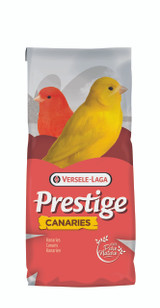 Canary seed bag, red and yellow birds, "Prestige" branding, "100% Pure Nature" logo.