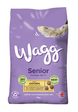 Purple Wagg Senior dog food bag, chicken flavour, with a dog's paw peeking in.