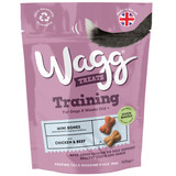 Pink Wagg dog treat bag with mini bones, dog tail, and "Chicken & Beef" text.