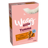 Pink Wagg Yumm s dog treat box, chicken flavour, with a dog tail graphic.