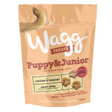 Bag of Wagg Puppy & Junior Meaty Bites dog treats, beige packaging, dog tail, paw-shaped treats.