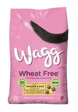 Pink dog food bag, Wagg Adult Wheat Free Chicken & Rice, black dog tail, dog food kibble.