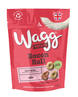 Red Wagg Bacon Roll dog treat bag, with treats and a dog tail.
